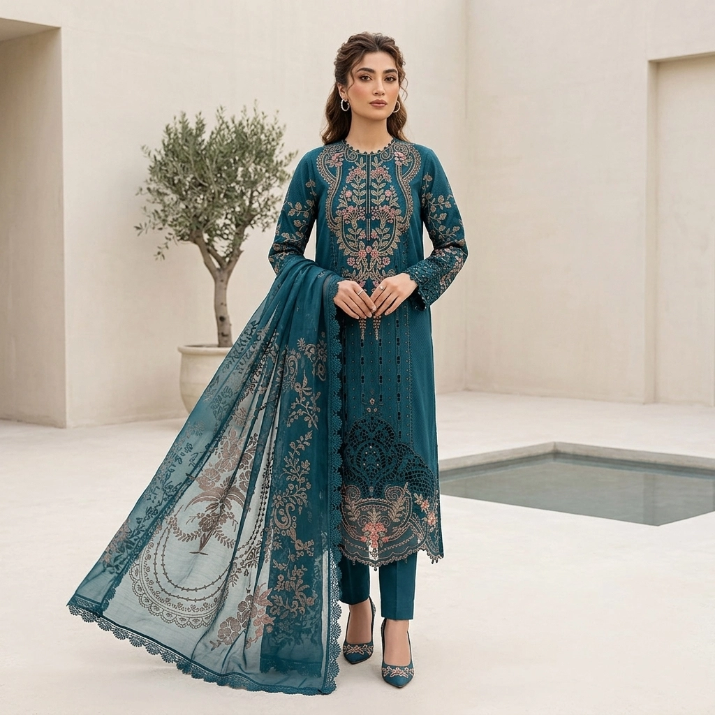 3 Piece Embroidered Self Jacquard Lawn Suit