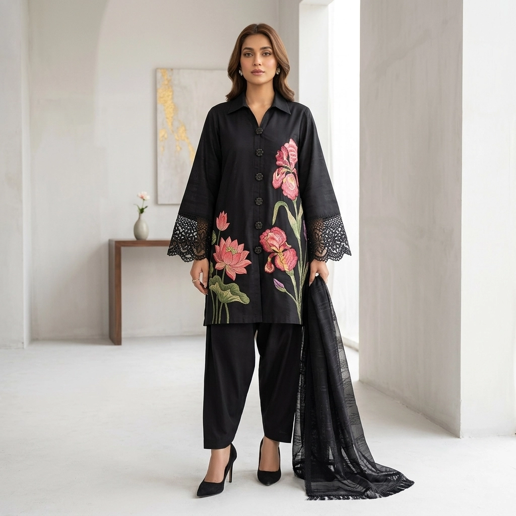3 Piece Embroidered Dobby Lawn Suit
