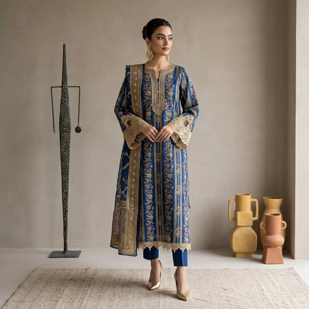 3 Piece Embroidered Dobby Lawn Suit
