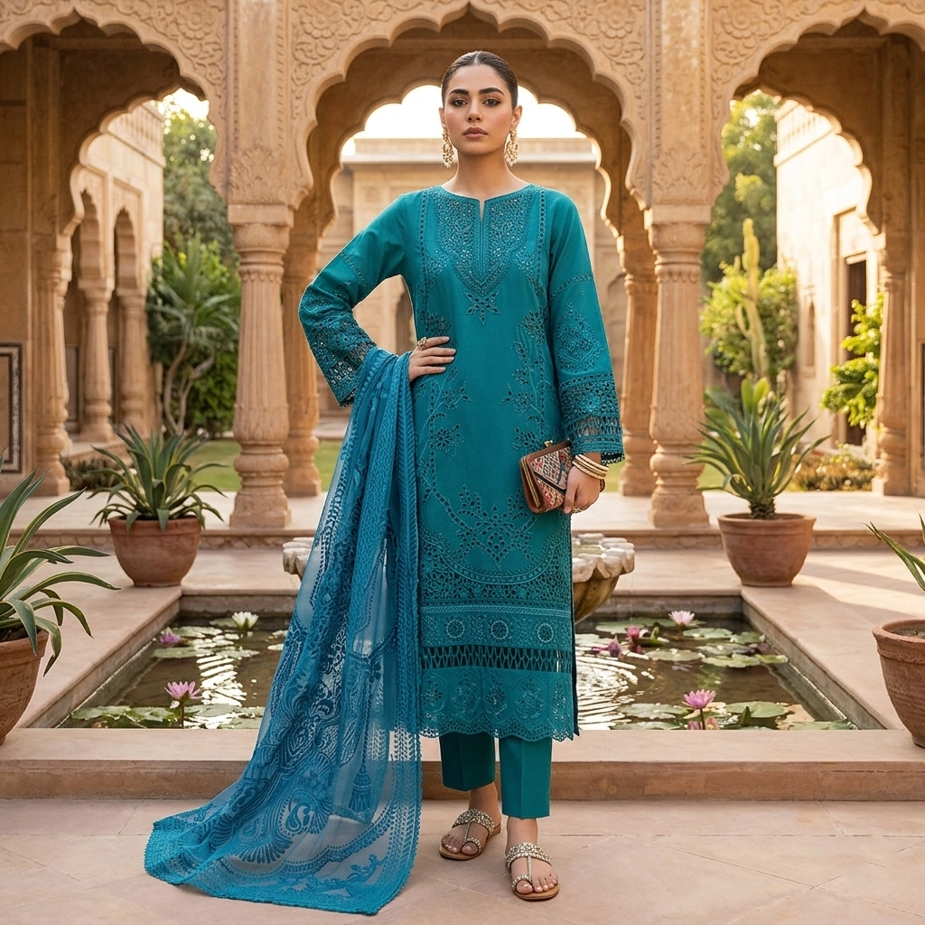 3 Piece Embroidered Raw Silk Suit
